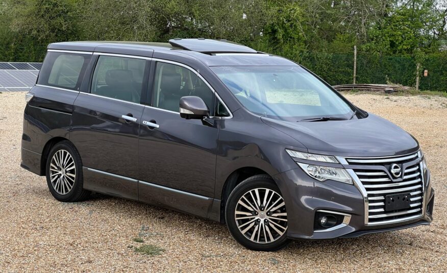 NISSAN ELGRAND 2014, HIGHWAY STAR 3.5 V6 PETROL FULLY LOADED, 7 SEATER, SUNROOF, PEARL GREY PAINT, BLACK LEATHER INTERIOR
