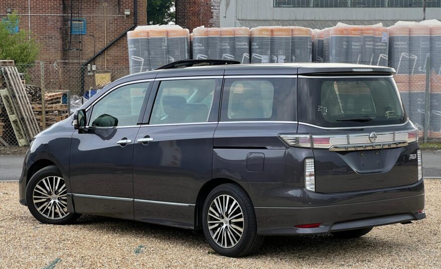 NISSAN ELGRAND 2014, HIGHWAY STAR 3.5 V6 PETROL FULLY LOADED, 7 SEATER, SUNROOF, PEARL GREY PAINT, BLACK LEATHER INTERIOR