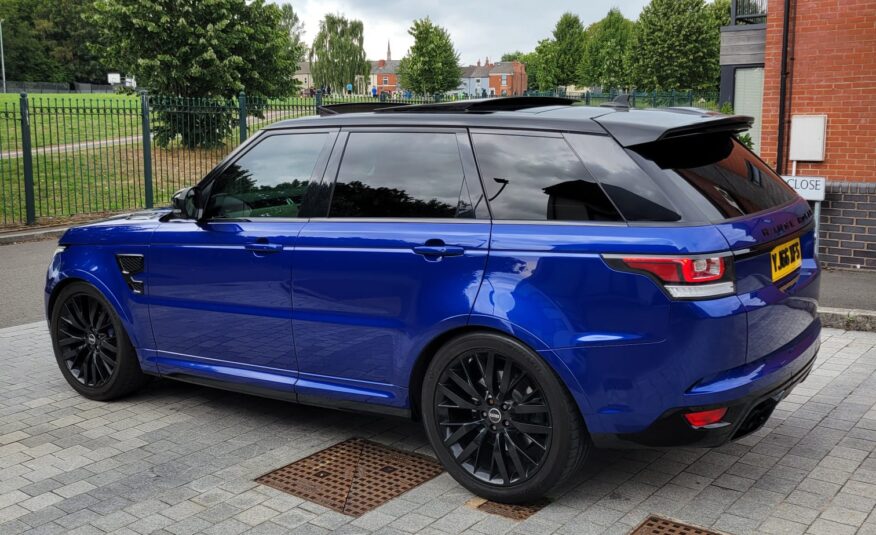 LAND ROVER RANGE ROVER SPORT SVR 2016, 5.0 V8 PETROL FULLY LOADED, 5 SEATER, ESTORIL BLUE PAINT, BLACK / BEIGE LEATHER INTERIOR